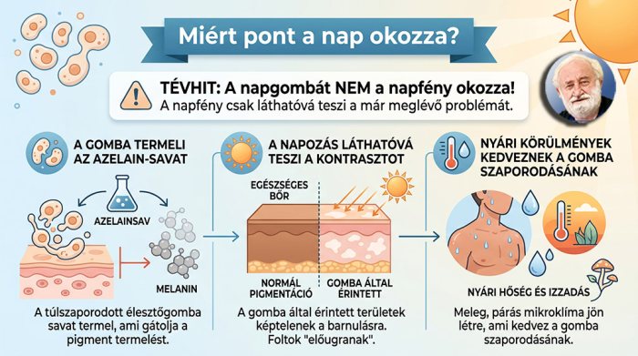 Ez az egyik legnagyobb tévhit, amit fontos tisztázni: a napgombát nem a napfény okozza.